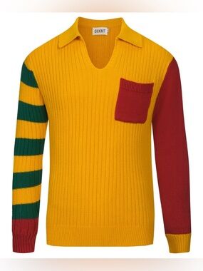 (B2) NWT OXKnit Retro 60s 70s Colorblock Knit Polo Shirt - 2XL - Mustard Red